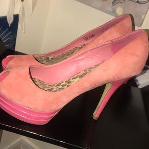 Flamingo Pink Suede Peep Toe Pumps